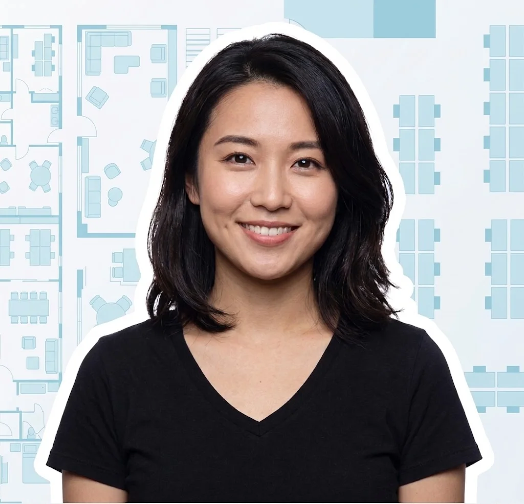 Smiling workplace professional in front of an office floor plan schematic