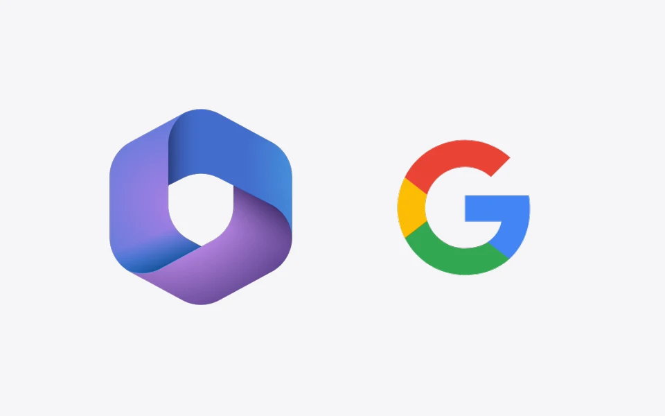 淺灰背景上並排展示的 Microsoft 365 與 Google Workspace 標識。