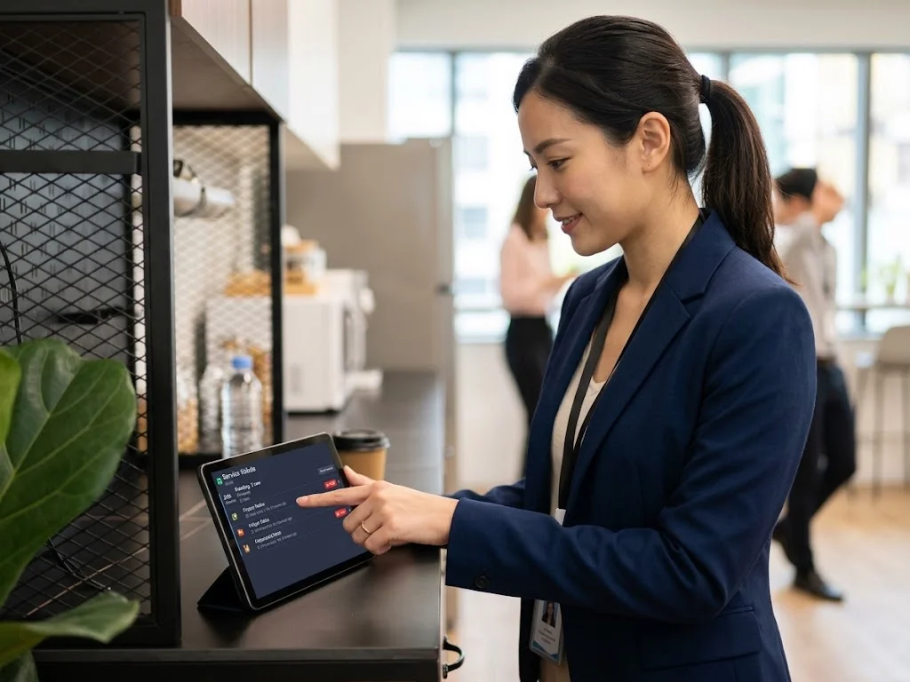 A staff member tapping a service-ticket tablet on a pantry counter, with Pantry, Cleaning and Aircon requests on screen