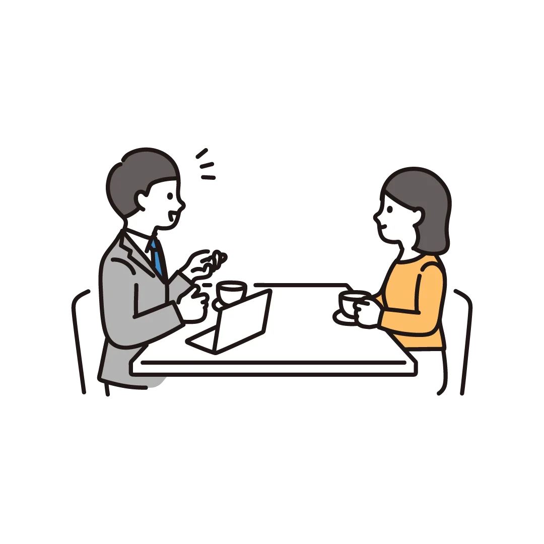 Illustration of two colleagues talking across a table with a laptop and coffee