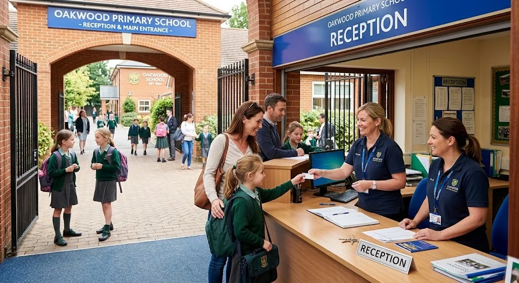 Parents and child at a school gate reception desk while staff hand over a visitor badge.