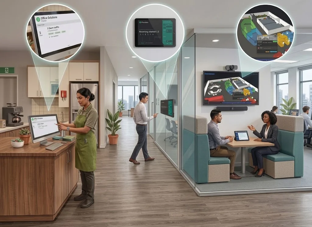Office floor with a staff kiosk at the counter, a wall tablet in the corridor, and a glass meeting booth under a TV showing a 3D floor plan; circular callouts enlarge each screen.
