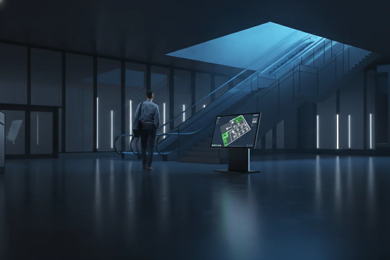 Interactive floor plan showing rooms, desks and wayfinding routes.