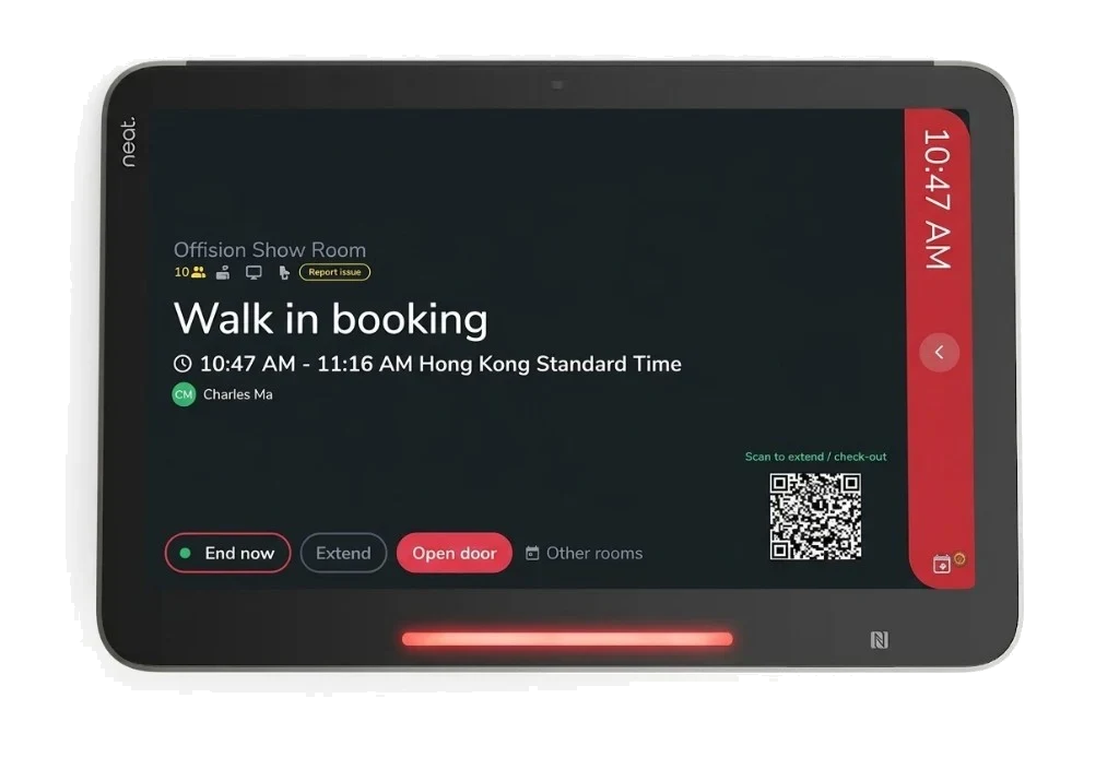 Neat Pad Pro showing Offision walk-in booking with End now, Extend, and Open door on Offision Show Room