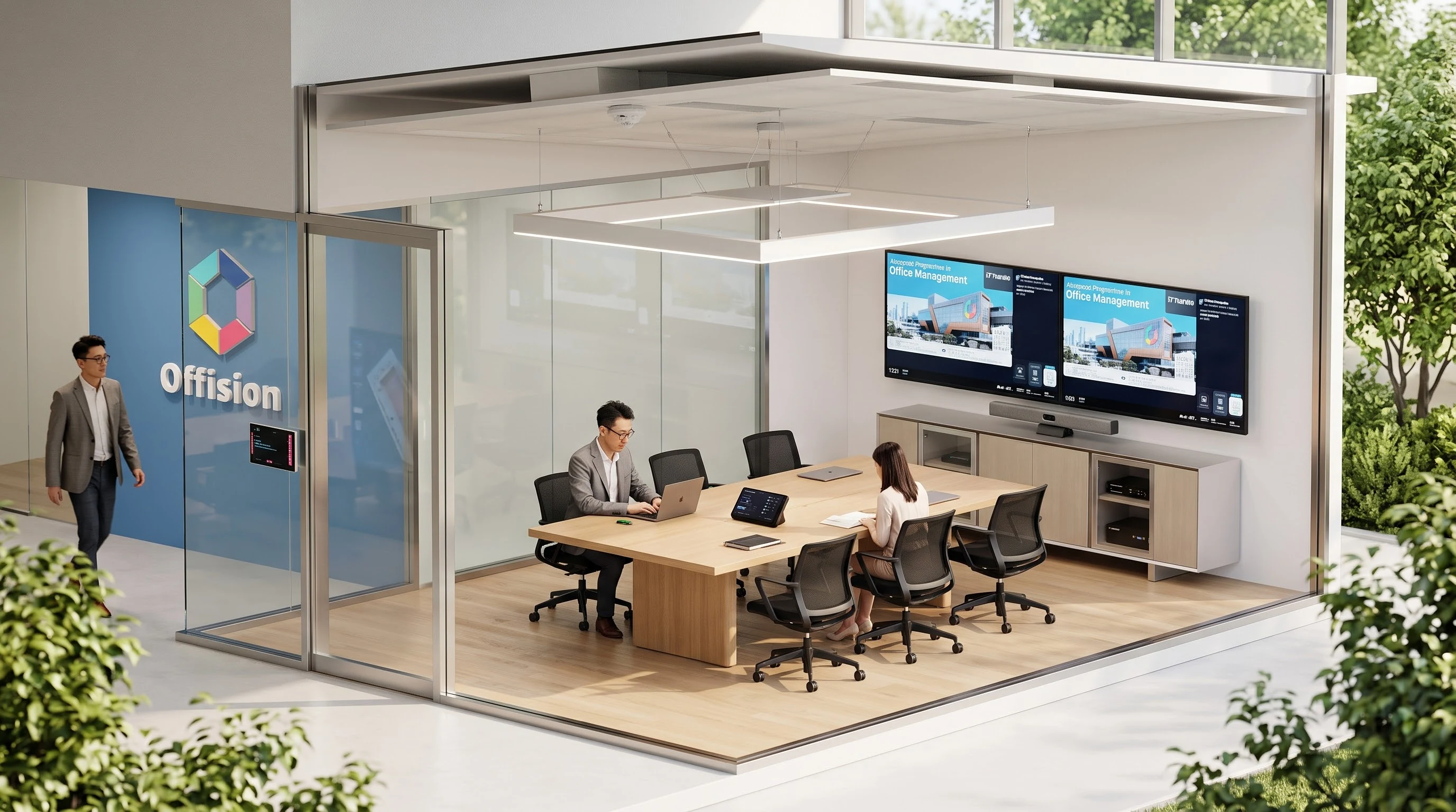 Glass-walled Offision meeting room with dual wall displays, a Crestron soundbar, tabletop chairs, and people working inside while someone walks the corridor past the Offision logo wall