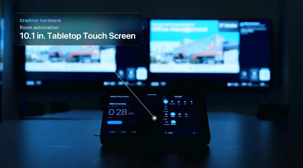 Conference room with a Crestron tabletop touch screen and dual wall displays