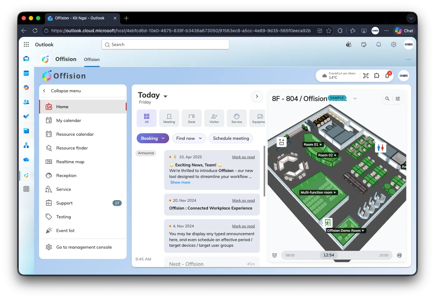 Offision open as a tab inside Outlook, with the home screen and a 3D floor map of rooms