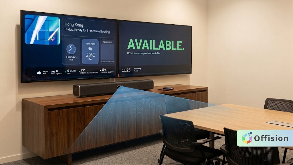 Neat Bar beneath meeting room displays with an occupancy sensor beam; screens show room availability, people count, and auto release in Offision.