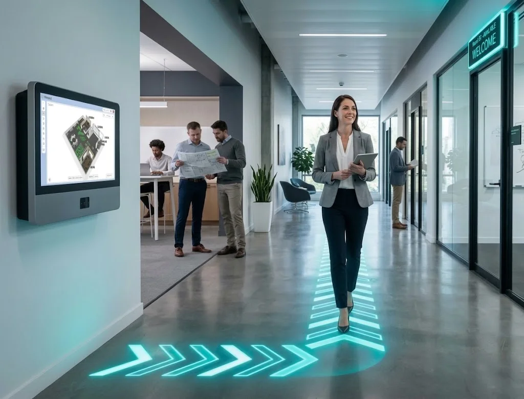 An office corridor with a floor-plan kiosk, room signs, and wayfinding arrows.
