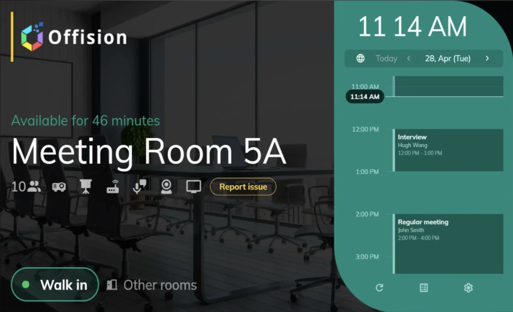 Offision 會議室面板介面：Meeting Room 5A 可用 46 分鐘，設施圖示，Walk in 與其他會議室操作，以及含 Interview 與 Regular meeting 的今日行程。