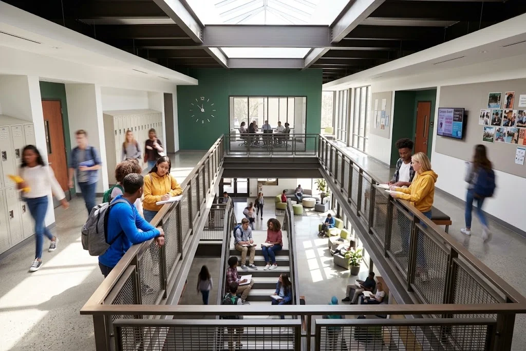 Students and staff in a two-storey school atrium, with lockers along the walls and people sitting on the central stairs