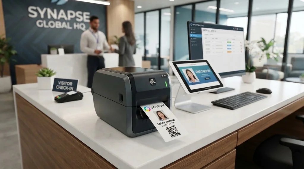 A badge printer on a reception counter issuing a visitor pass with a photo and QR code, beside a tablet that says Checked in