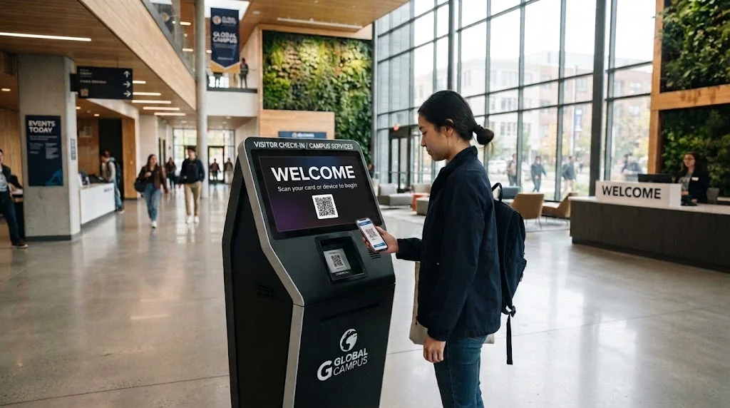 A woman with a backpack holding her phone to a visitor check-in kiosk that says Welcome and shows a QR code, in a campus lobby