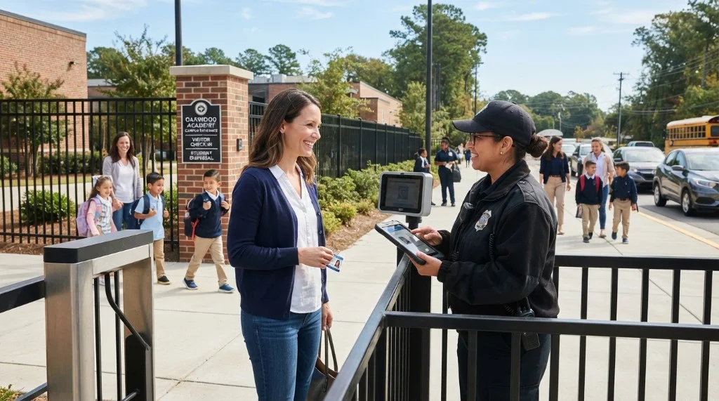 A parent at a school gate holding a visitor pass while a security officer checks a tablet, with students and a school bus behind them