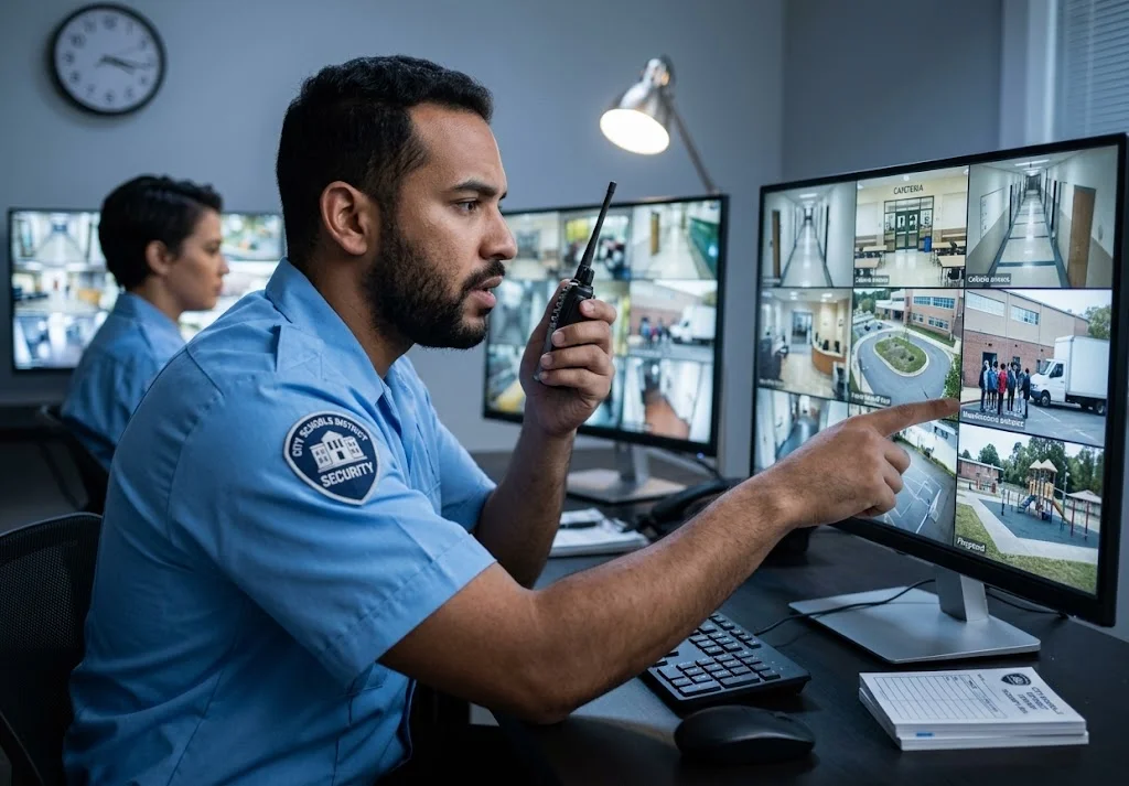 A school district security officer at a desk pointing at a grid of campus camera feeds on a monitor while speaking on a walkie-talkie
