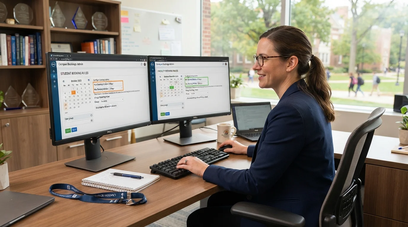 An administrator at a desk with two monitors, one showing student booking rules and the other faculty booking rules