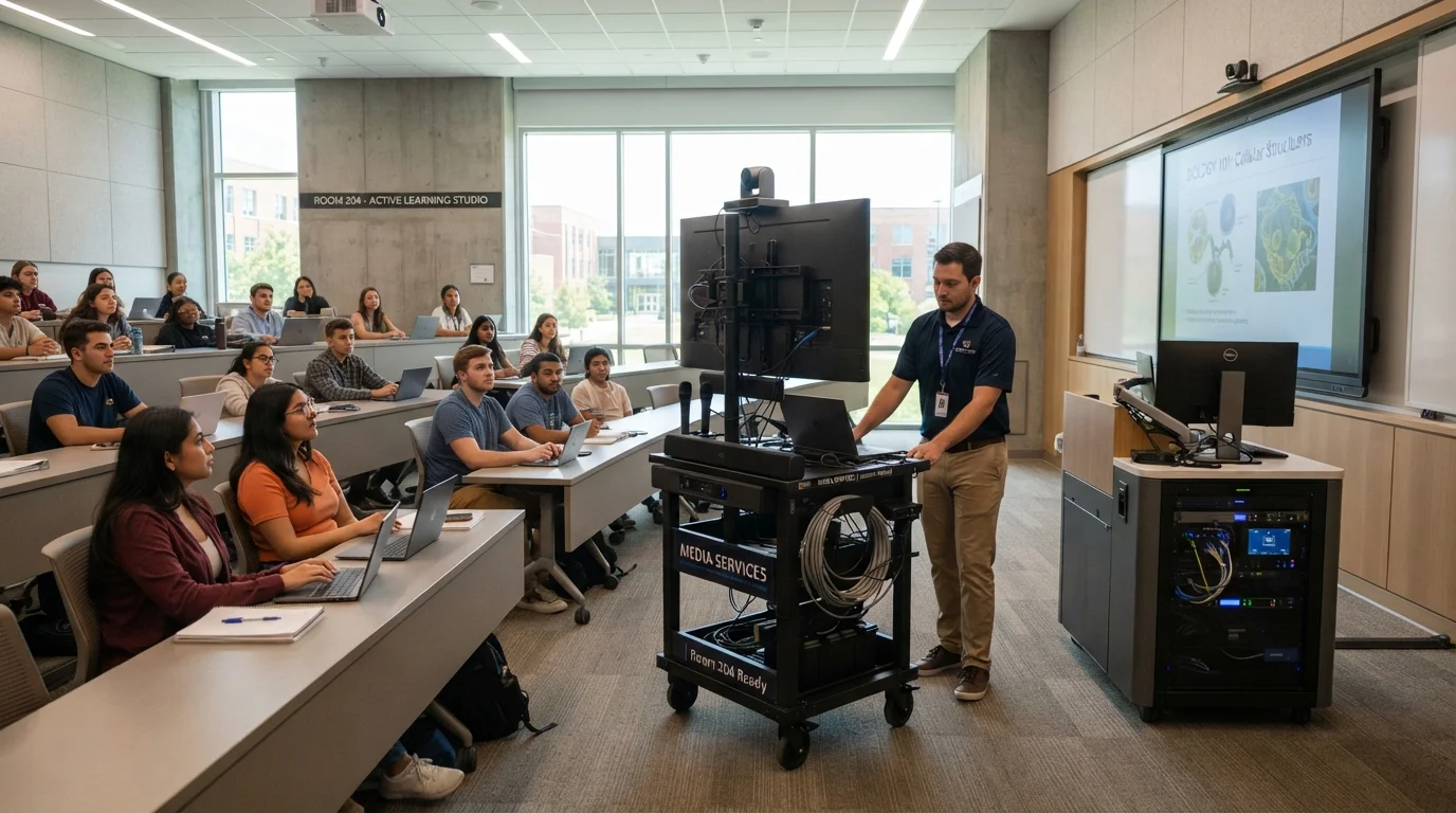 A lecturer beside a media cart in an active learning classroom, with a large screen and students at laptops
