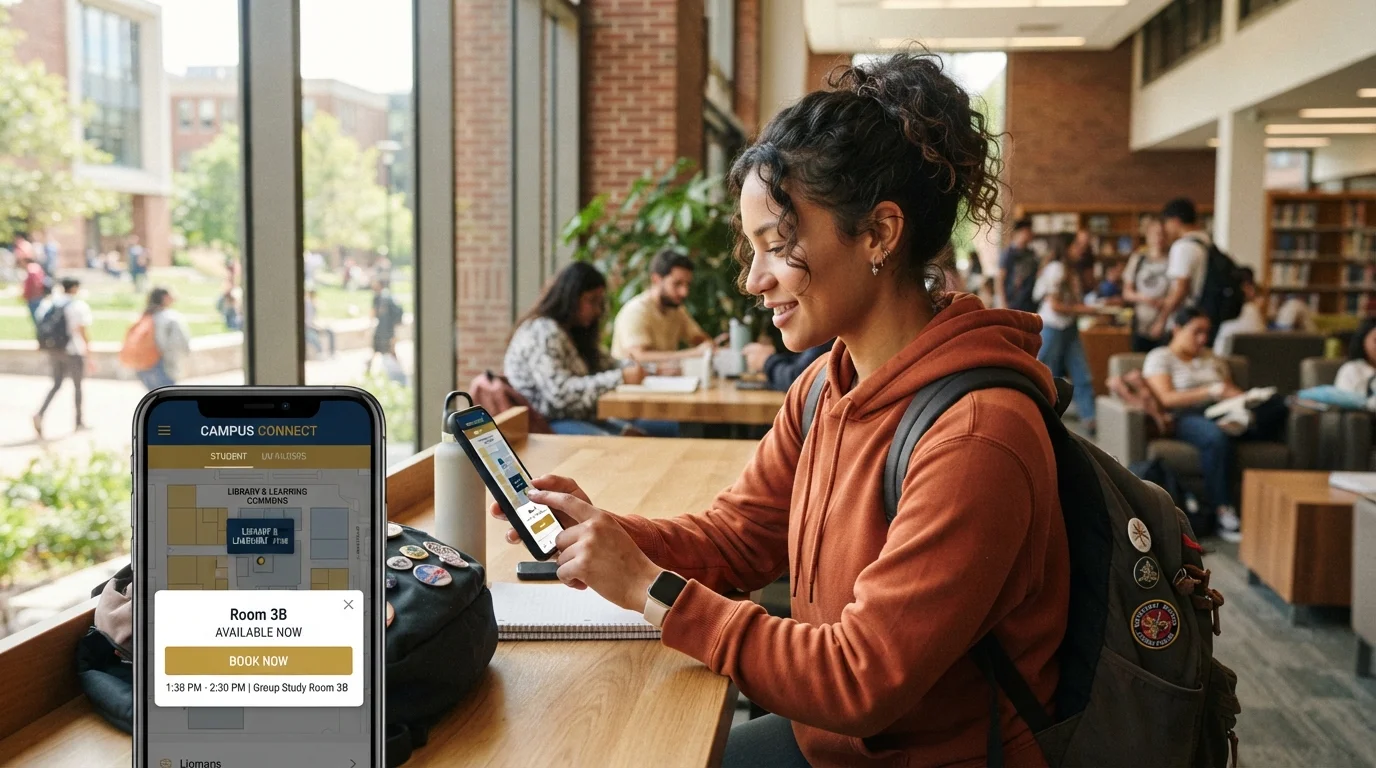 A student in a campus library holding a phone that shows Room 38 available to book now