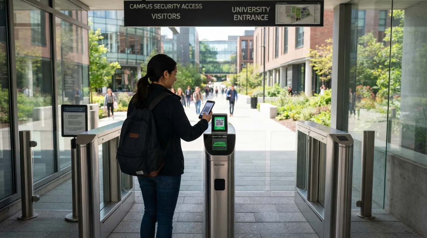 A visitor at an unstaffed campus turnstile scanning a phone, under a sign for campus security and the university entrance