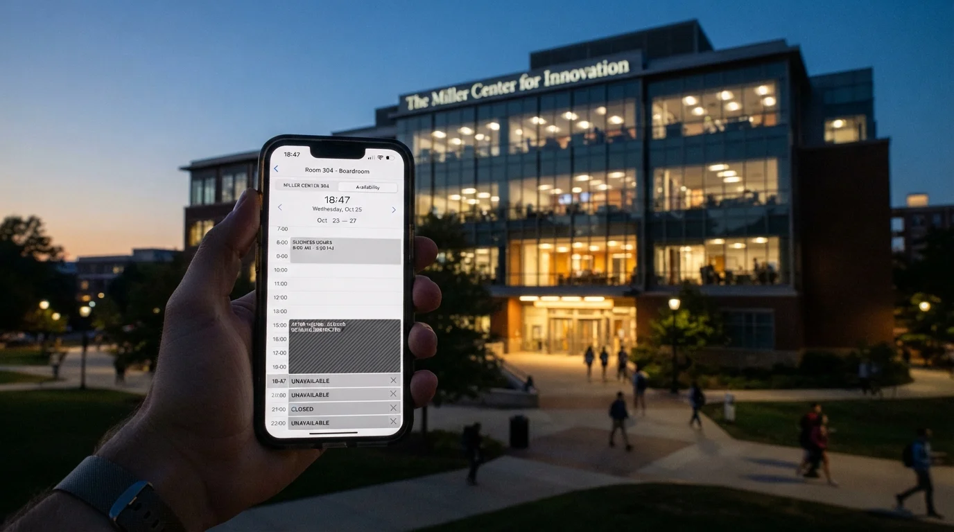 A phone in front of a lit campus building at dusk, showing a room schedule with business hours and later times marked closed