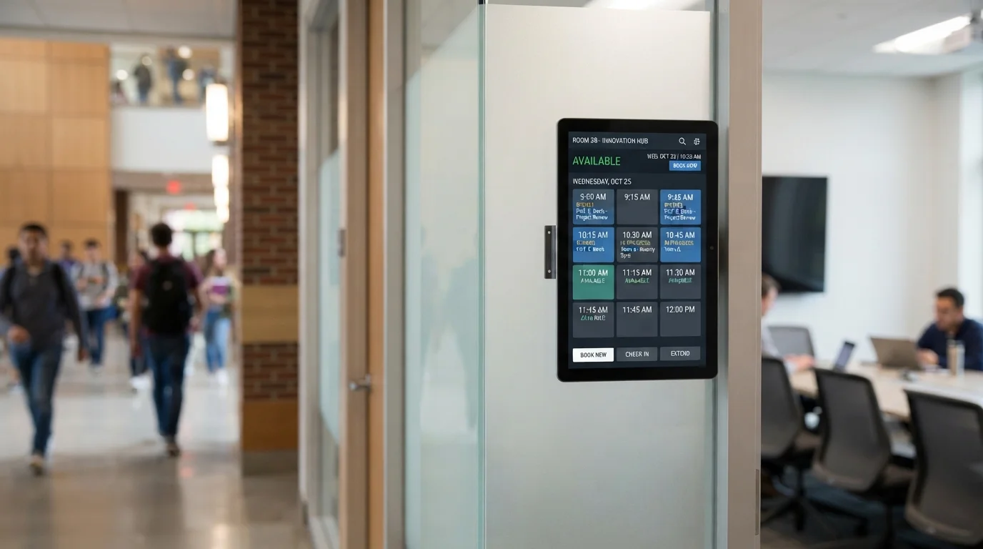 A door panel outside a meeting room showing a grid of booked and available time slots