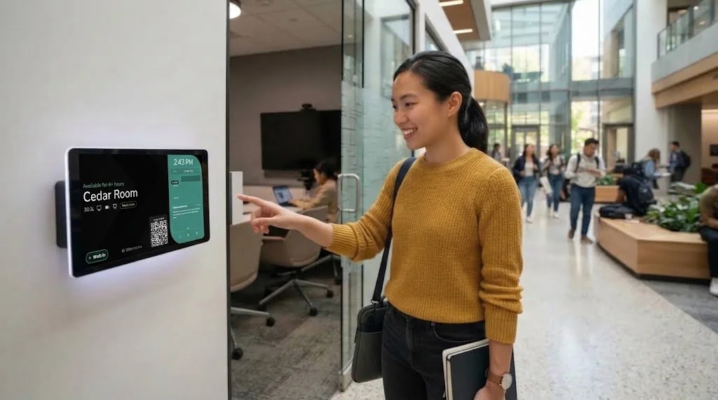 A woman pointing at a wall panel for Cedar Room that shows available for 4+ hours, a Book In button, and a QR code