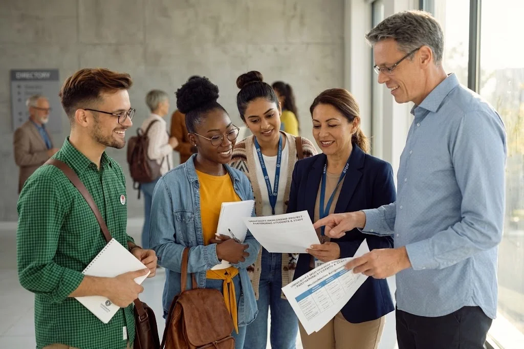 Faculty and students wearing campus lanyards stand in a school hallway and look together at a printed project brief