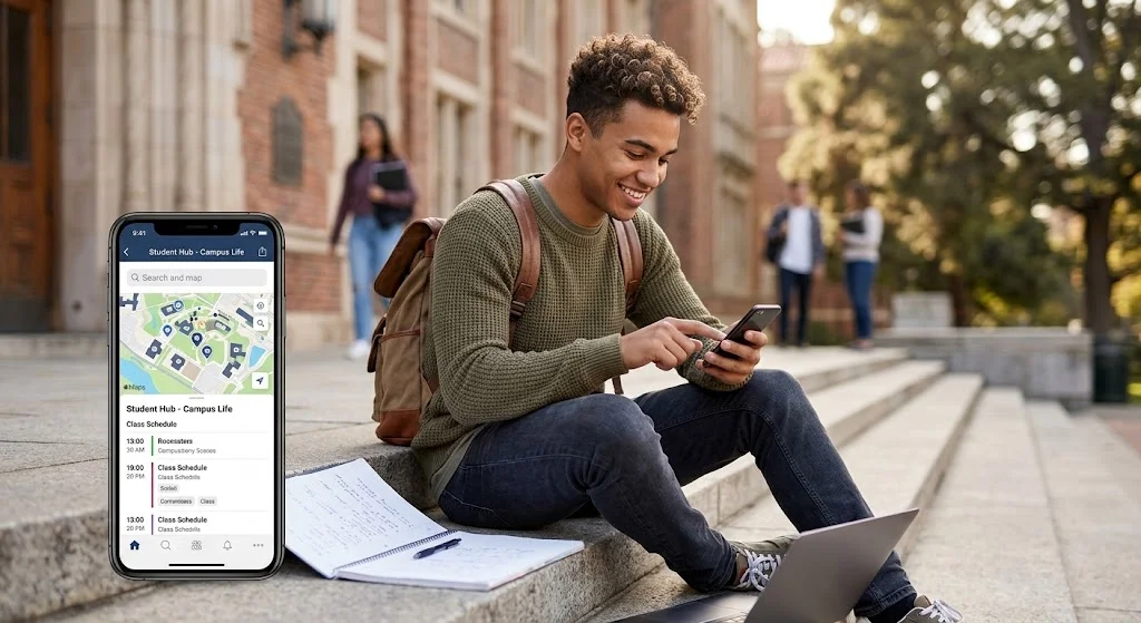 A student sitting on campus steps with a phone, notebook, and laptop, beside a phone screen showing a campus map and class schedule