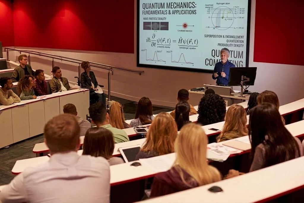 A professor beside a podium in a tiered lecture hall, with students at curved desks and a large screen showing a quantum mechanics lecture