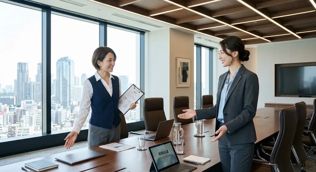 Two professionals welcoming guests in a sunlit boardroom overlooking a city skyline.