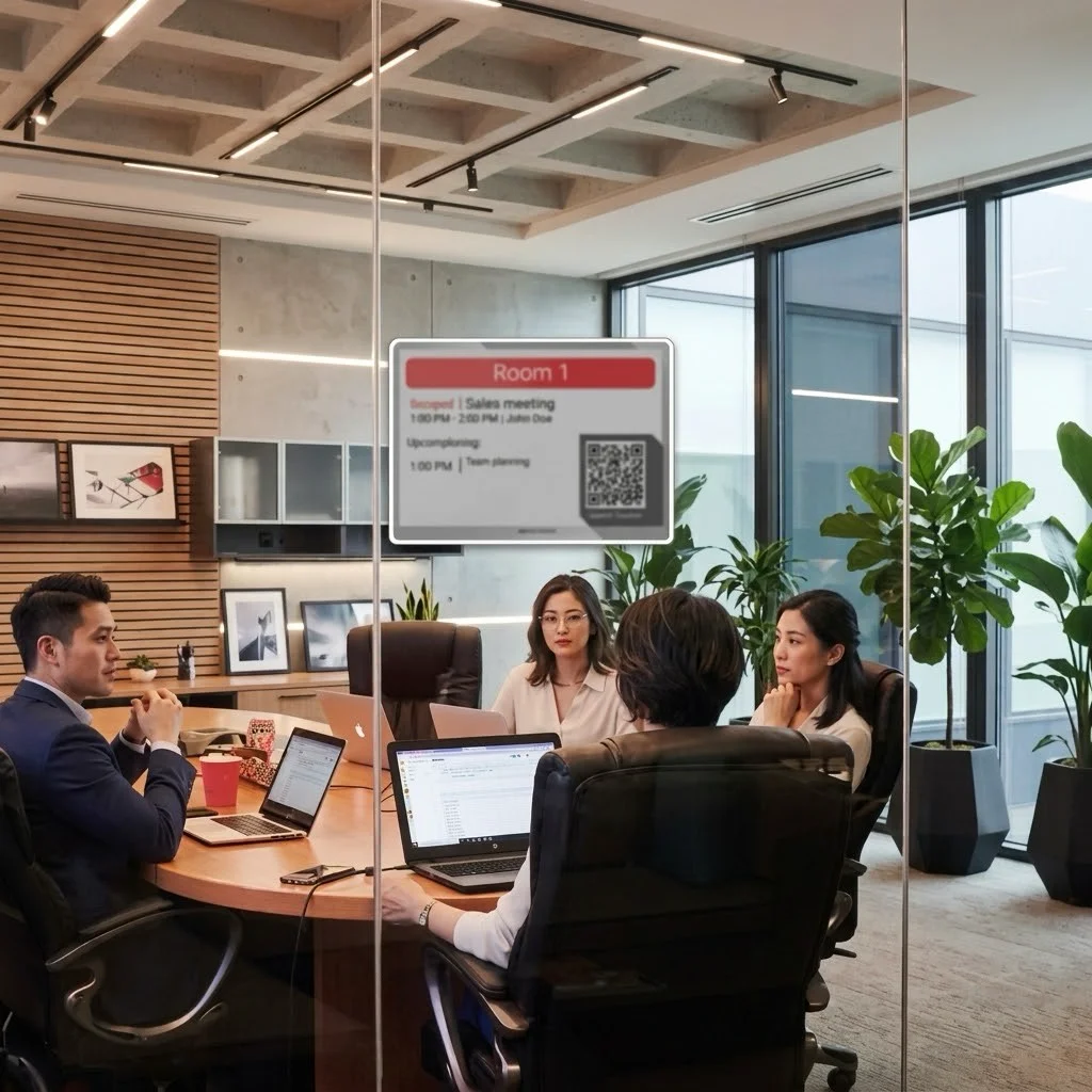 Four colleagues around a meeting table seen through glass, with an e-paper door sign showing Room 1, the current meeting, and a QR code.