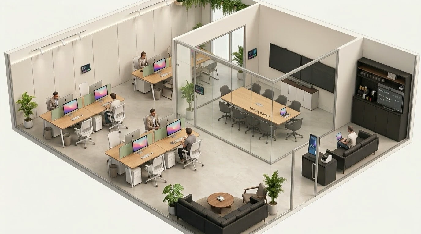 An isometric office cutaway showing shared desks, a glass meeting room with wall displays and booking panels, a visitor check-in kiosk, lounge seating, and a kitchenette.