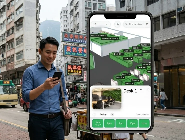 Offision mobile app with a live floor plan and desk booking, used on the go—the same availability as web, Outlook, Teams, and door panels.