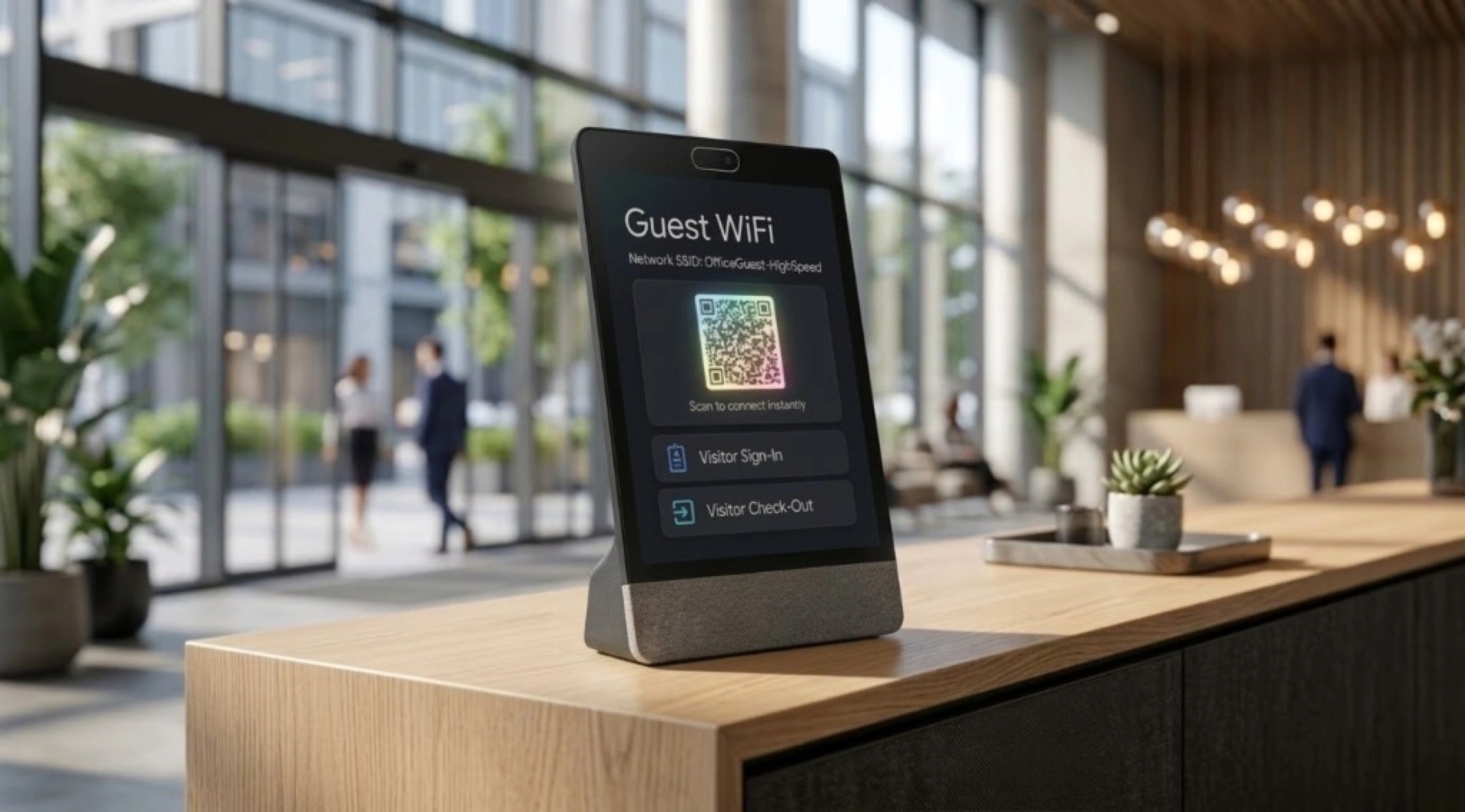 Neat Frame on a reception desk showing Offision guest WiFi with QR code, network SSID, and visitor sign-in and check-out in a bright office lobby.