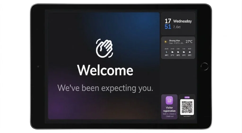 iPad in landscape showing an Offision self-service board: welcome hero, date and weather widgets, visitor registration tile, and scan-to-check-in QR code.