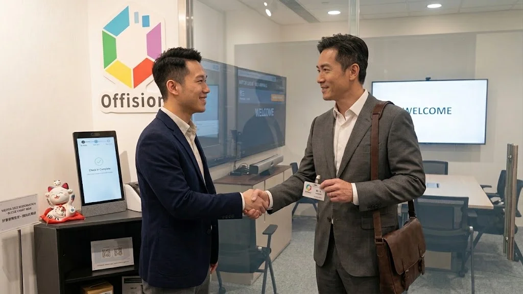 A host greeting a visitor in the lobby after check-in.