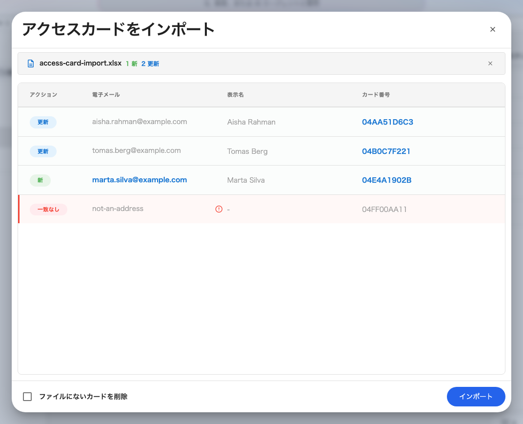 単一カードタイプ。行ごとの判定と、変化が起きる行だけが並びます。