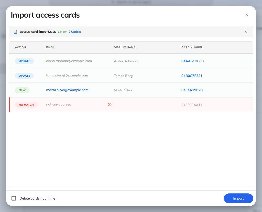 Single card type: a verdict per row, and only rows that would change anything.