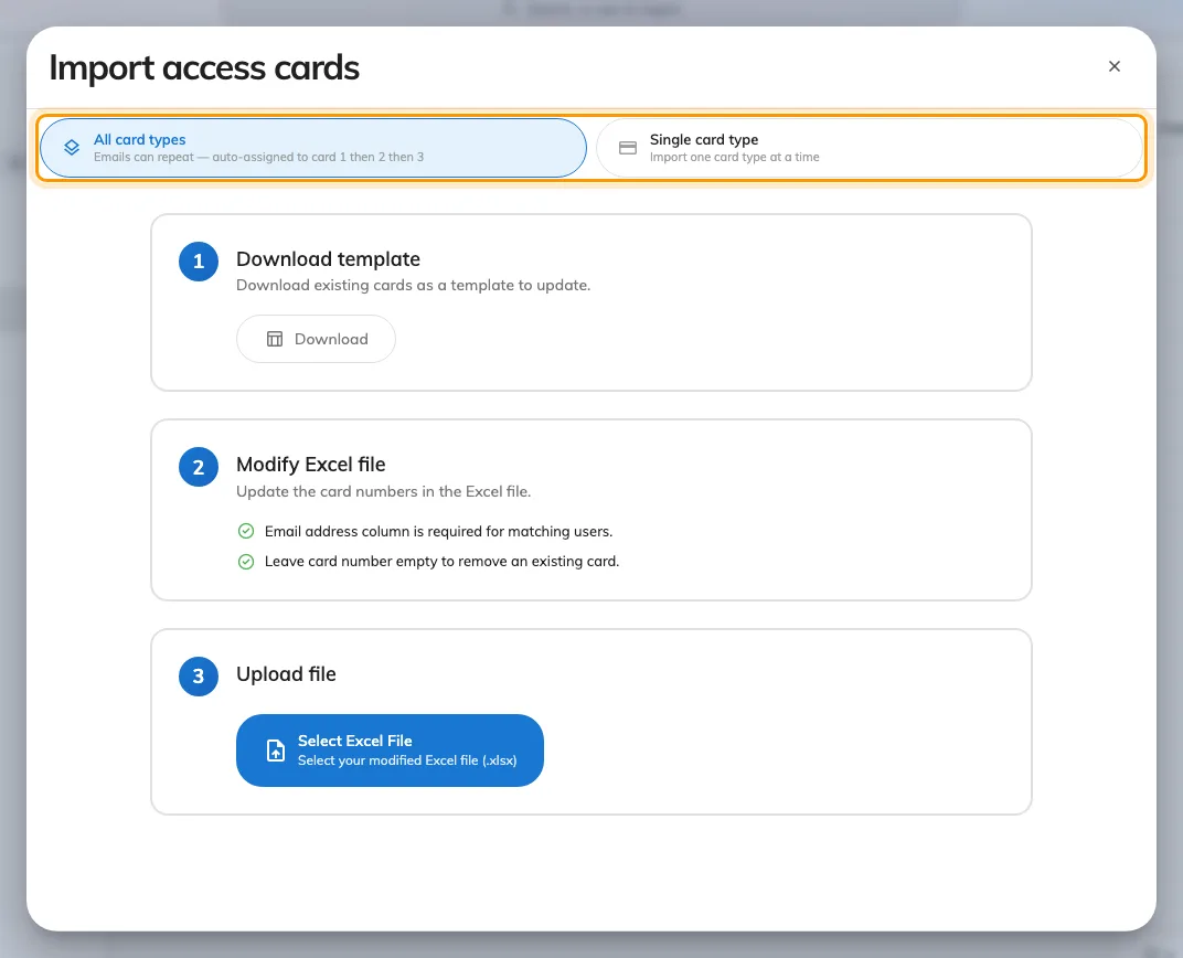 Download, fill in, upload — and the mode decides how a repeated address is read.