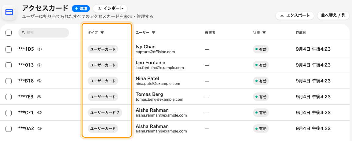 アカウント内のすべてのカード。持ち主も発行元も問わず一覧に並びます。