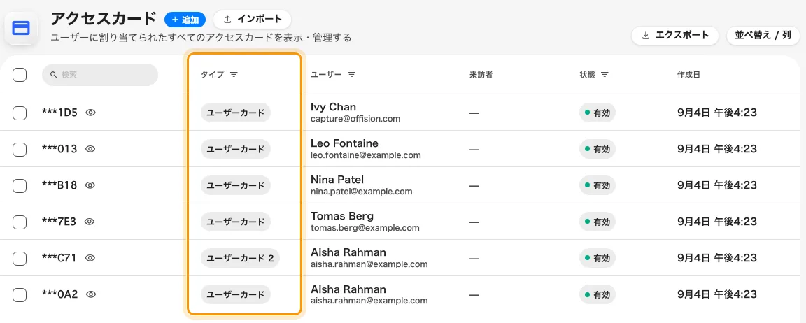 アカウント内のすべてのカード。持ち主も発行元も問わず一覧に並びます。
