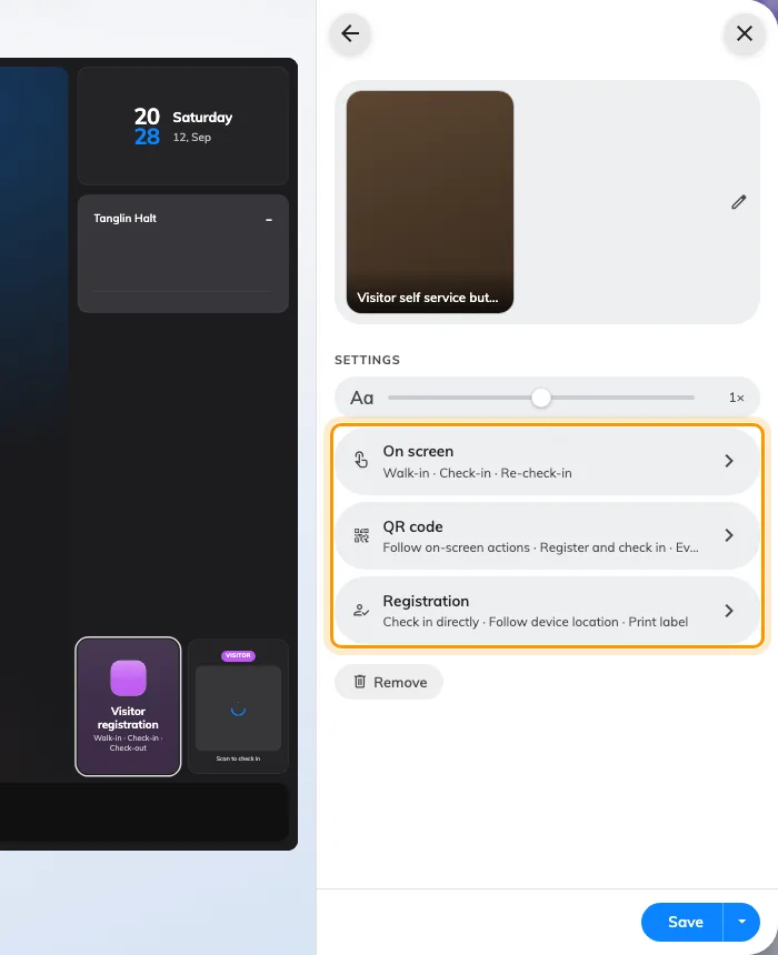 The visitor tiles' settings, behind three groups — On screen, QR code and Registration.