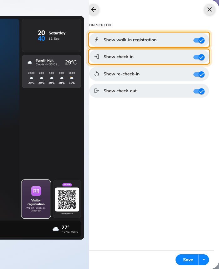 On screen — walk-in registration and check-in are separate tiles.