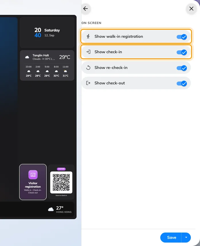 On screen — walk-in registration and check-in are separate tiles.