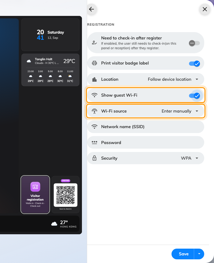 Registration — Show guest Wi-Fi, and the Wi-Fi source it reveals.