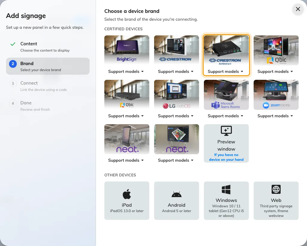 Crestron air media, in the certified devices grid.