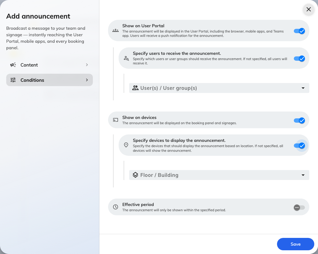 Conditions, with both audiences narrowed: named users and groups, then named floors and buildings.