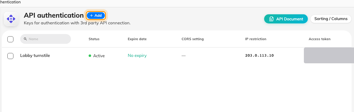 API authentication, one row per integration client.