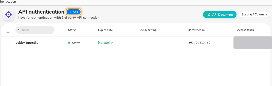 API authentication, one row per integration client.