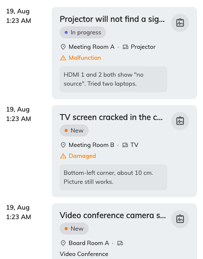 Your own reports under the Reported issues filter, newest first.